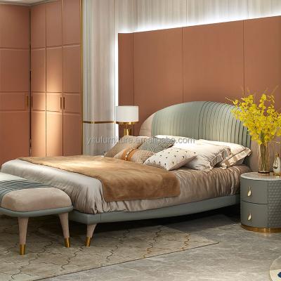 China Stainless Steel Bedroom Furniture Sets Wooden Modern Designs Luxury King/Queen Size Soft Bed Bedside Table Dresser Leather Bed for sale