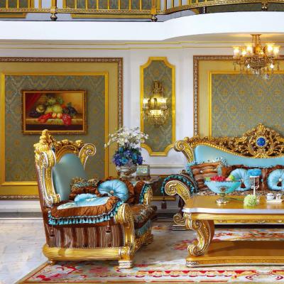 China Royal European design French style furniture classic sofas hand carved antique sets gold leaf plated living room sofas for sale