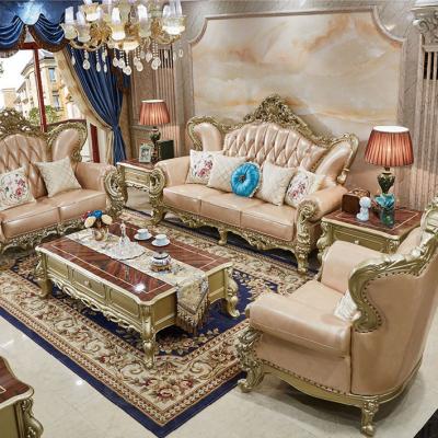 China Luxury European design French style classic sofas oak wood hand carved living room furniture real leather sofa set Te koop