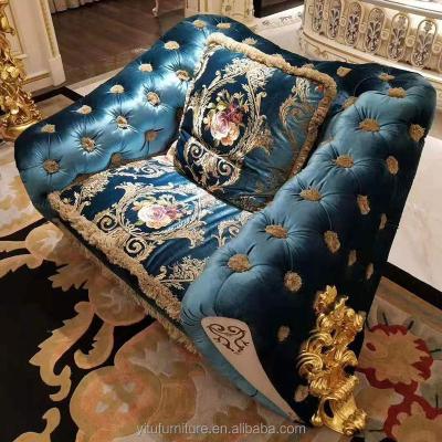 China Living room sofas European furniture set sectional embroidery fabric gold leaf plated hand carved luxury latest design sofas zu verkaufen