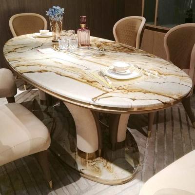 Κίνα Modern home furniture sets luxury design stainless steel high quality natural marble top dining table leather dinning chair προς πώληση