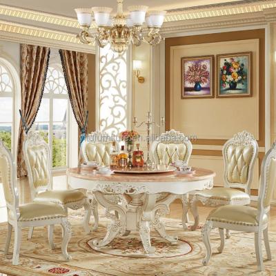 China Antique European dining room furniture set classic luxury French dinner marble top tables solid wood carved round table en venta