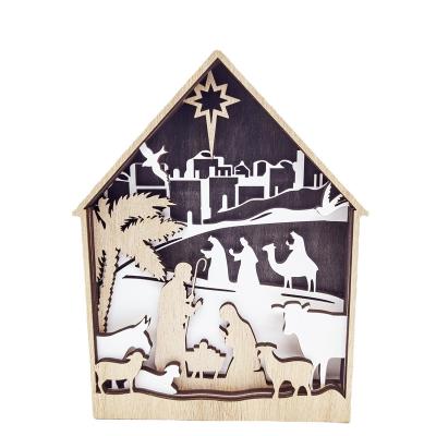 China New Europe 2021 Wooden Christmas Crafts Pieces Nativity House Table Top Pieces Wood Carving Crafts for sale