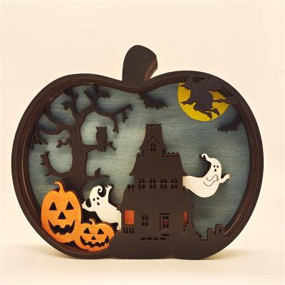 China Europe 2021 New Halloween Decorations Wooden Carving Handwork Creative Wooden Pumpkin Lighting for sale