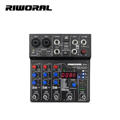 China Hot Selling 88 DSP R40 4 Channel 24 Bit Effector DJ Small Audio Mixer USB Digital blueteeth for sale