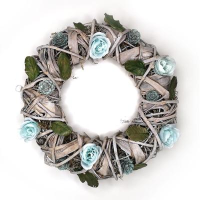 China Hot Eco-friendly Blue Artificial Silk Rose Wreath Dried Rattan Door Fall Sale Decoration for sale