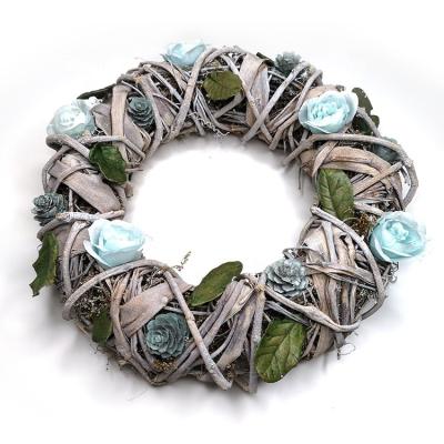 China Autumn Door Window Decoration Artificial Eco-friendly Rose Dried Rattan Blue Silk Wreath for sale