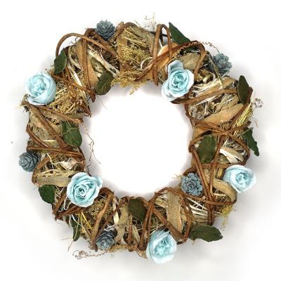 China Luxury Eco-friendly Autumn Blue Rose Handmade Rattan Home Decorative Wreath for sale