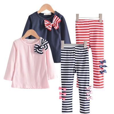 China Baby Casual Clothes Spring Cotton Suit 2-6 Years Kids Bows Lace Up Long Sleeve Two Piece Suit Child Top Casual Clothes for sale