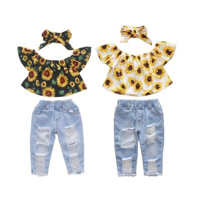 China Kids Casual Clothes Sets Summer Children Fashion Clothes Baby Off Shoulder Tops Sunflower Shirt Ripped Jeans Outfits for sale