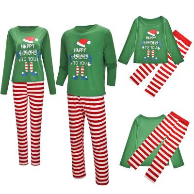 China Hot Sale Autumn Family Matching Outfit Christmas Pajamas Green Anti-pilling Long Sleeve Striped Pants Pajamas Family Warm Parent-child Wear for sale