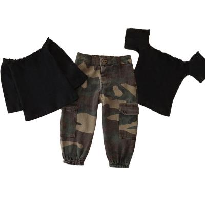 China 1-6 Years Girls Spring Casual Clothes Sets Kids Summer Camp Clothing Shorts Sleeve Shirt And Camouflage Pants Teams for sale