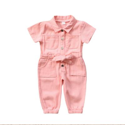 China Girls Mid Waist Breathable Button Style Overalls Tie Up Solid Color Denim Fashion Design Summer Children Clothing for sale