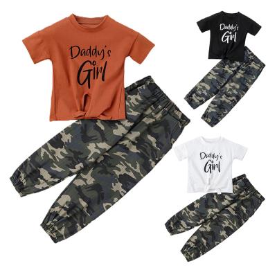 China Little Kids Casual Summer Camp Costume Kids Teams Baby Clothing Letter Printed T-shirt And Camouflage Pants Suit for sale