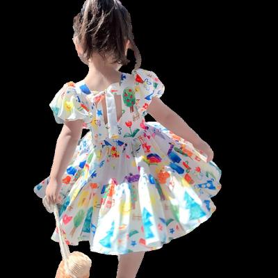 China 2021 Summer Children's Breathable Swing Flared Backless Doodle Printed Casual Dress Kids Girls Birthday Party Gift for sale