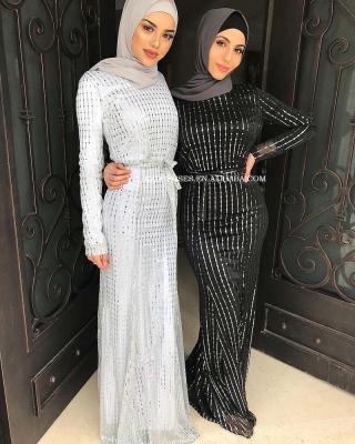 China Muslim Maxi Dress Islamic Party Abaya Sequin Robe Custom Made Women Silk Kaftan Long Sleeve Dress Luxury Gowns for sale