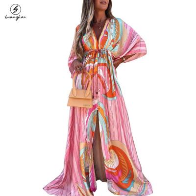 China 2023 Anti-Static New Style Vestido Dresses Loose Beach Maxi Casual Boho Floral Print Dress Summer Ladies V Neck Long Sleeve Sundress Women for sale