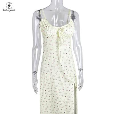 China Summer Women's Casual Split Dress V-Neck Holiday Maxi Dress Elegant High-Waist Ruffle Dress Anti-Static Sexy Floral Print Sling Dress for sale