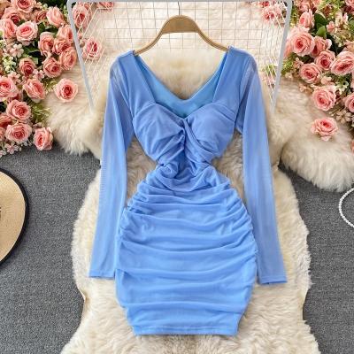 China OEM Manufacturer Breathable Square Collar Woman Sleeve Bodycon Sheath Mesh Dress Women Casual Short Package Hip Long for sale