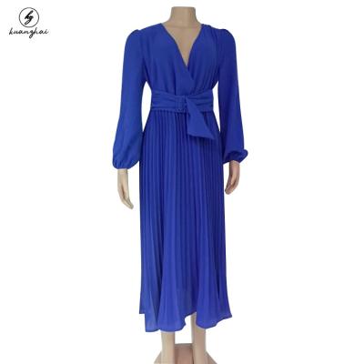 China Lady Chiffon Ruffle Have Anti-static Custom Belt Maxi Dress Women Elegant Summer Casual Long Sleeve Dresses for sale