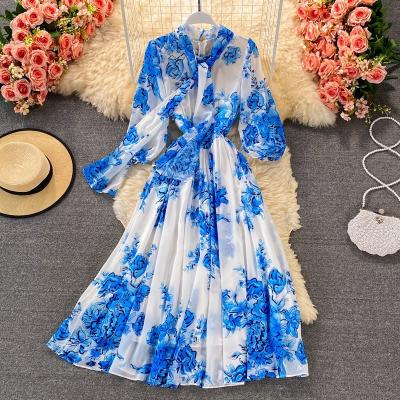 China Breathable Floral Print Ladies Dress Elegant Long Sleeve Women Dresses Ruffle Fashion Elegant Edge Design Soft Chiffon Casual Dress for sale