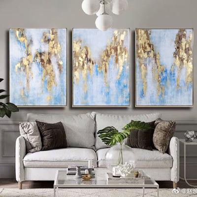 China Abstract Hand Painting Set Modern Gold and Blue Abstract Gold Leaf on Canvas Pure Hand Painted Gilding Abstract Painting for sale