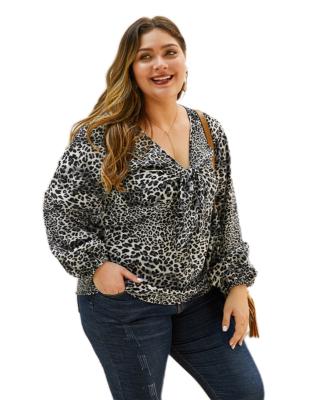 China Breathable V-neck Blouse Leopard Print Long Sleeve T-shirt For Women Lace Up Elastic Wrinkle Top Office Wear for sale