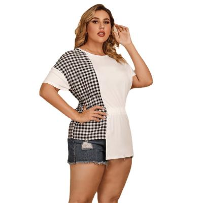 China Viable Hot Selling Fashion Plus Size T-shirt Round Neck Plaid Quilting Irregular Edge Short Sleeve T-shirt for sale