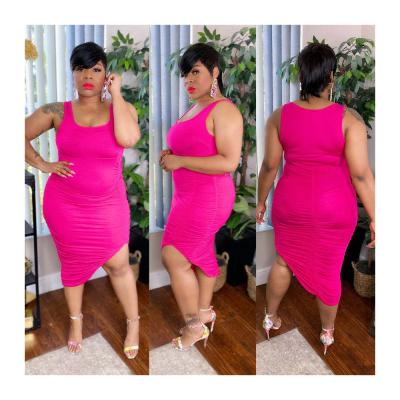 China Washable Pink Clothing Vestido Plus Size Pleated Midi Dress Asymmetrical Sleeveless Bodycon Dress for sale