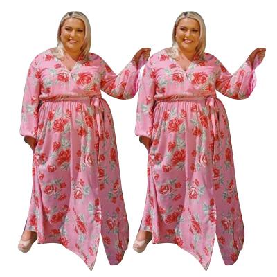 China Women's Washable V-Neckline Women's Floral Print Long Sleeve Maxi Dress Floral Print Oversized Dresses for sale