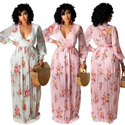 China Maxi Dress Pleated Chiffon Long Sleeve Washable Elegant Casual Dress Floral Print Chiffon Floral Dress for sale