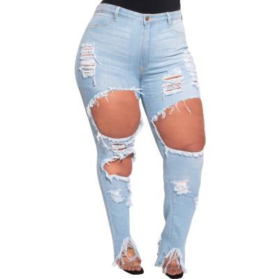 China Breathable XL -5XL plus pencil jeans for women skinny jeans light color ripped wash jeans women denim HOT for sale