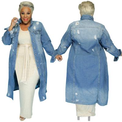 China Viable Fashionable Blue Winter Coat Jacket Denim Jean Trench Coat Plus Size Long Ripped Jeans Coat for sale