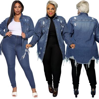 China Viable Women's Denim Clothing Winter Ditch Coat Denim Jackets Ripped Holes Women's Jean Jackets Plus Size for sale