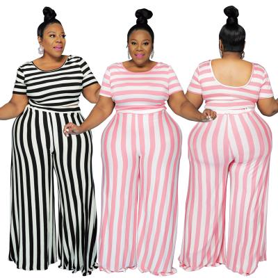 China New Autumn Anti-static Casual Ladies Wide Leg Pant Ladies Set Women Summer Two-Piece Outfits Plus Size T-shirt Striped Pants for sale