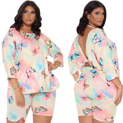 China Short Sleeve T-shirt Print Butterfly Suit Anti-pilling Two-Piece Set Wholesale Women's Backless Clothing for sale