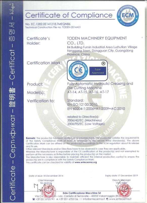 CE - Dongguan Toden Machinery Equipment Co., Ltd.