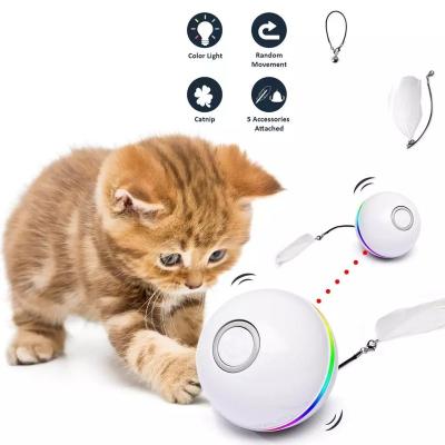 China Viable Automatic Cat Ball Toys Interactive Catnip USB Smart Rechargeable Self Rotating Cat Ball LED Feather Bells Cat Ball Toys for sale