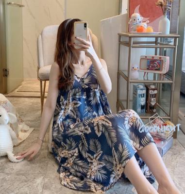 China Women Rayon Nightgown Breathable Summer Printed Pajamas Sleeveless Nightgown for sale