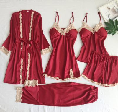 China Women Breathable Sexy Long Robe Developed Sets Lace Up Bathrobe Nightgown Five Pieces Long Robe Sleepwear for sale