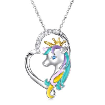 China CLASSIC Creative Heart Shaped Long Hair Unicorn Pendant 925 Sterling Silver Necklace Jewelry Birthday Gift for sale