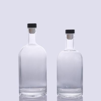 China Wholesale Custom Flint Glass Clear Round Classical Empty Brandy Gin Rum Vodka Tequila Liquor Beverage Bottle with Cork Stopper for sale