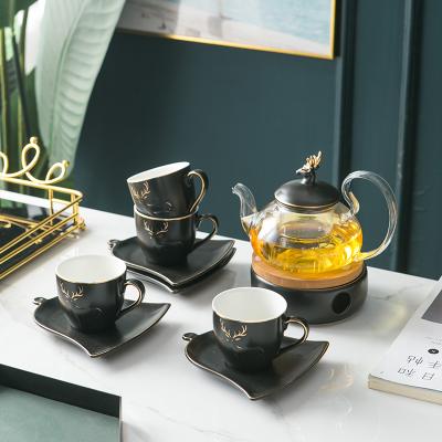 China Viable Luxury Golden Handle Ceramic Afternoon Coffee Teapot Teapot With Cups for sale