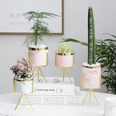 China Wholesale Corrosion Resistance Simply Indoor Cylinder Pots Ceramic Succulent Planter with Gold Metal Stand,Cactus Planter Ceramic Pot for sale