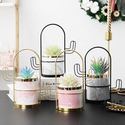 China Corrosion Resistance Wholesale Pots Indoor Ceramic Succulent Planter with Gold Metal Stand,Cactus Planter Ceramic Pot for sale