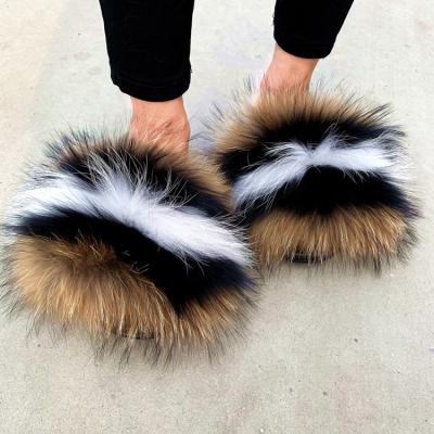 China 2021 Furry Open Toe Fox Fur Slide Seller Damping for sale