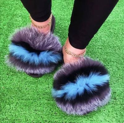 China Damping 2021 Wholesale Toe Pink Fox Fur Hairy Open Slippers For Women for sale