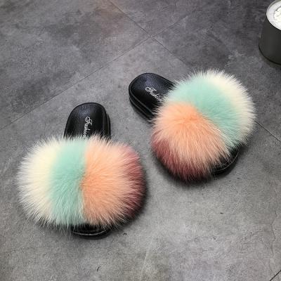 China 2021 Cushioning Customized Summer Multicolor Open Toe Fox Fur Children's Slippers for sale