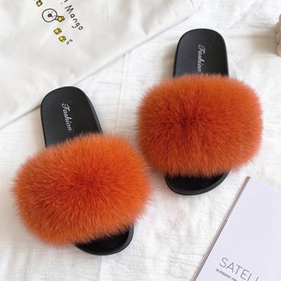 China Cushioning 2021wholesale mom and me colorful big fluffy fox fur slides for sale