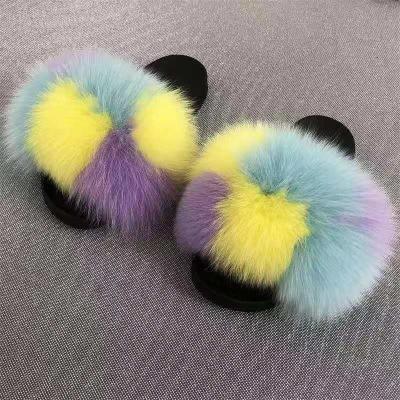 China Cushioning All Women's Home Fur Slides Fur Slippers Brown Pink and White Fur Slippers for sale